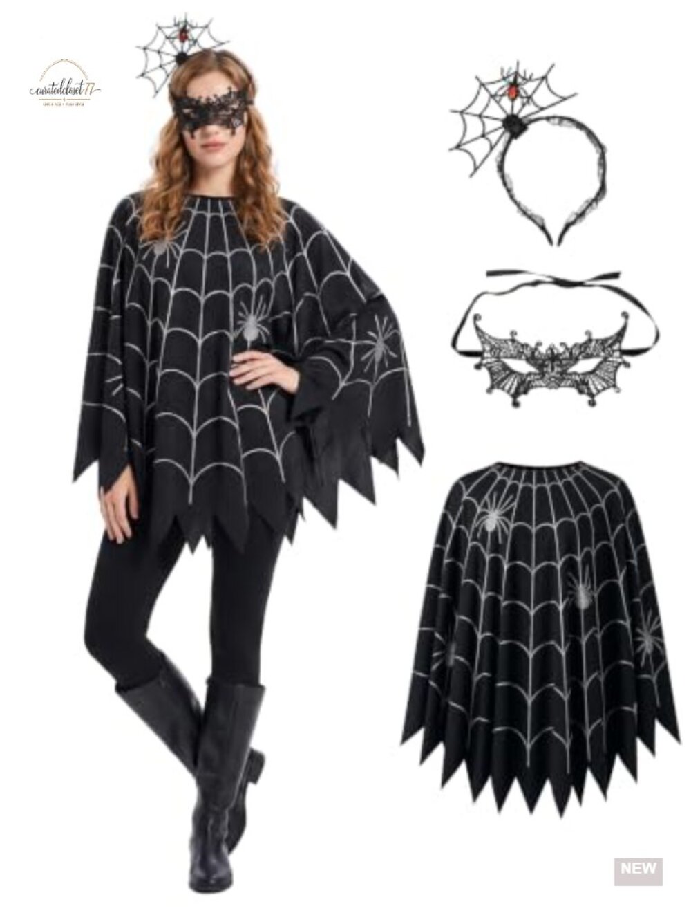 Unbranded Spider Web Poncho Costume 3-Piece Set Women Halloween Polyester